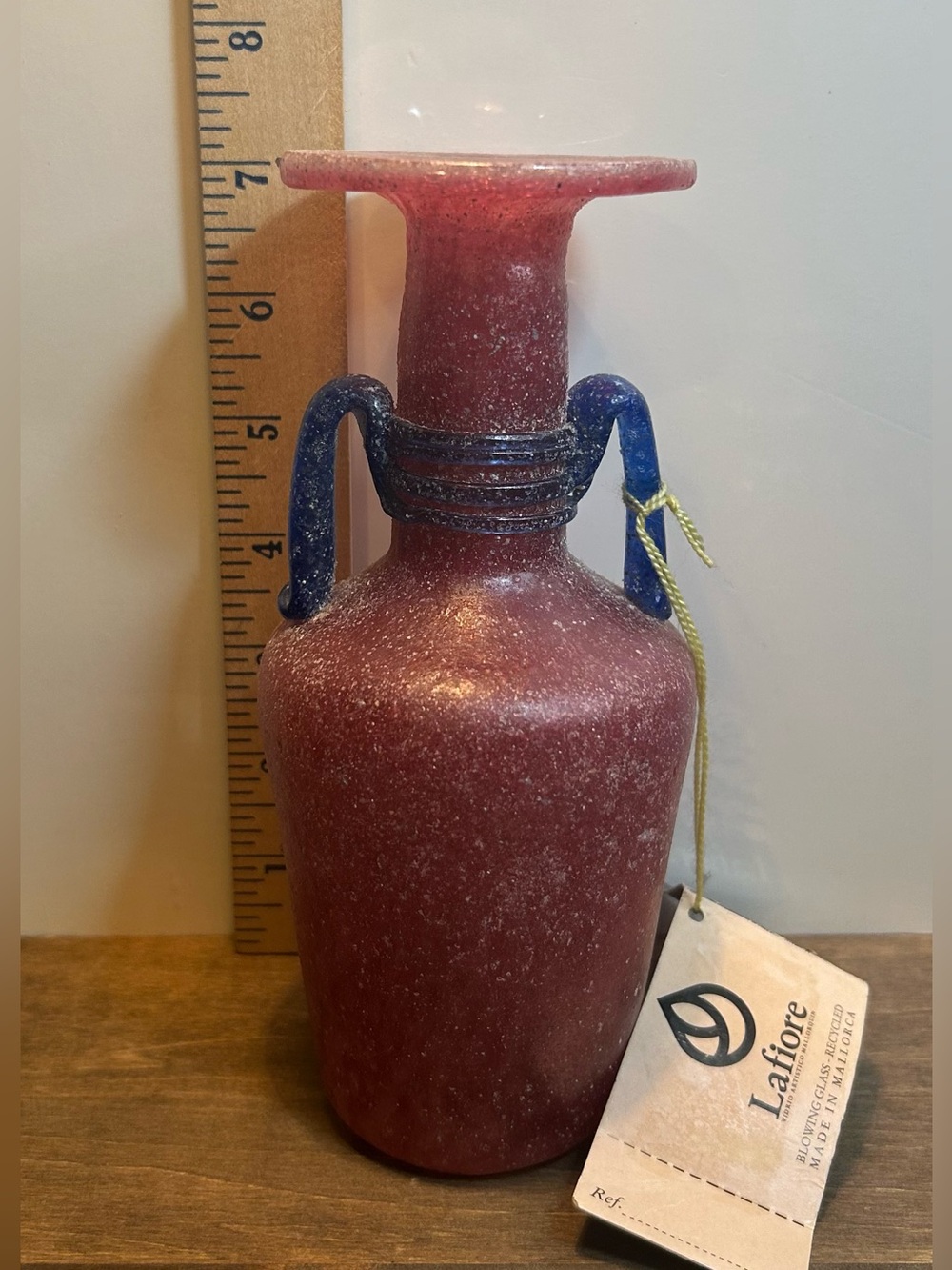 Lafiore Made in Mallorca Red Hand Blown Glass Vase with Blue Handles - 7” Tall